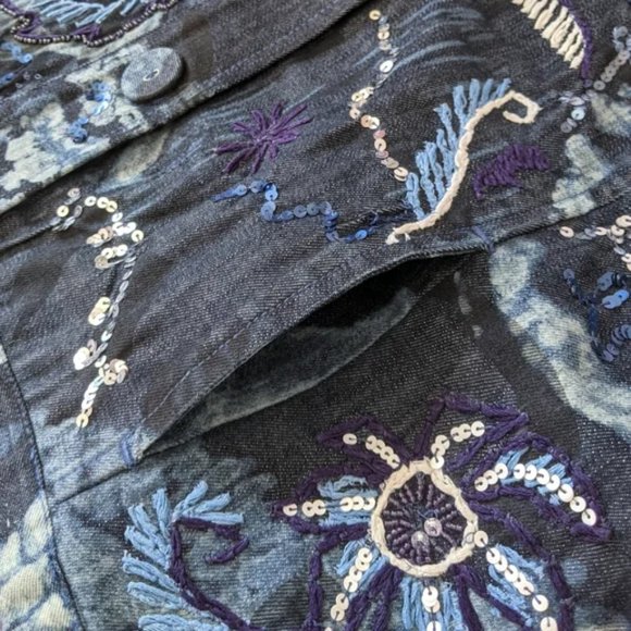 Chico's Collarless Beaded & Embroidered Denim Jacket, Blue / White, Large - Picture 7 of 14